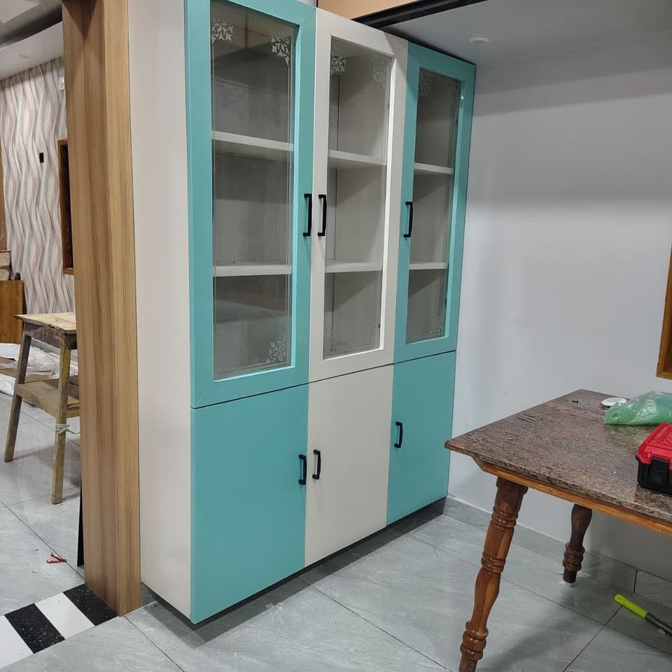 Display cupboard — Teal & white, glass-fronted